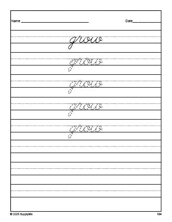 Free third grade sight word cursive tracing worksheet, high frequency word 'grow', third 100 fry sight words, Dolch, PDF