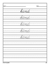 Free third grade sight word cursive tracing worksheet, high frequency word 'kind', second 100 fry sight words, Dolch, PDF