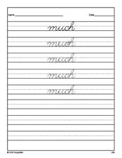Free third grade sight word cursive tracing worksheet, high frequency word 'much', second 100 fry sight words, Dolch, PDF