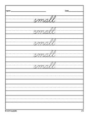 Free third grade sight word cursive tracing worksheet, high frequency word 'small', second 100 fry sight words, Dolch, PDF