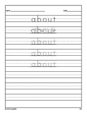 Free third grade sight word tracing worksheet, high frequency word 'about', first 100 fry sight words, Dolch, PDF