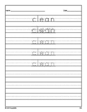 Free third grade sight word tracing worksheet, high frequency word 'clean', eighth 100 fry sight words, Dolch, PDF