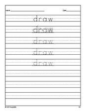 Free third grade sight word tracing worksheet, high frequency word 'draw', fourth 100 fry sight words, Dolch, PDF