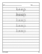Free third grade sight word tracing worksheet, high frequency word 'keep', third 100 fry sight words, Dolch, PDF