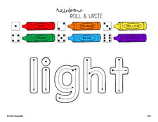 Free third grade worksheet, rainbow roll and write sight word tracing worksheet, beginner sight word for 3rd graders and high frequency word 'light', third 100 fry sight words, Dolch, PDF