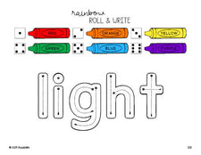 Free third grade worksheet, rainbow roll and write sight word tracing worksheet, beginner sight word for 3rd graders and high frequency word 'light', third 100 fry sight words, Dolch, PDF