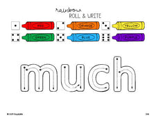 Free third grade worksheet, rainbow roll and write sight word tracing worksheet, beginner sight word for 3rd graders and high frequency word 'much', second 100 fry sight words, Dolch, PDF