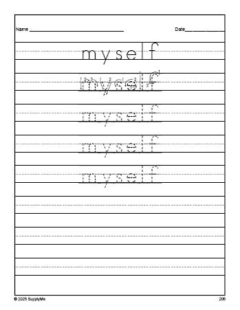 Free third grade sight word tracing worksheet, high frequency word 'myself', Dolch, PDF