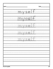 Free third grade sight word tracing worksheet, high frequency word 'myself', Dolch, PDF
