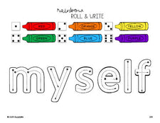 Free third grade worksheet, rainbow roll and write sight word tracing worksheet, beginner sight word for 3rd graders and high frequency word 'myself', Dolch, PDF