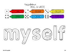 Free third grade worksheet, rainbow roll and write sight word tracing worksheet, beginner sight word for 3rd graders and high frequency word 'myself', Dolch, PDF