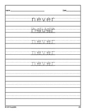 Free third grade sight word tracing worksheet, high frequency word 'never', third 100 fry sight words, Dolch, PDF