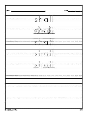 Free third grade sight word tracing worksheet, high frequency word 'shall', sixth 100 fry sight words, Dolch, PDF
