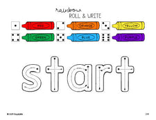 Free third grade worksheet, rainbow roll and write sight word tracing worksheet, beginner sight word for 3rd graders and high frequency word 'start', third 100 fry sight words, Dolch, PDF