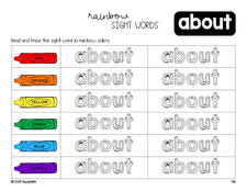 Free third grade worksheet, rainbow sight word tracing worksheet, beginner sight word for 3rd graders and high frequency word 'about', first 100 fry sight words, Dolch, PDF