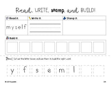 Free third grade worksheet, read, write, stamp, and build the beginner sight word for 3rd graders and high frequency word 'myself', Dolch, PDF