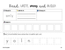 Free third grade worksheet, read, write, stamp, and build the beginner sight word for 3rd graders and high frequency word 'only', second 100 fry sight words, Dolch, PDF
