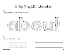 Free third grade worksheet, beginner sight word for 3rd graders and high frequency word 'about', sight word worksheet includes q-tip painting, sight word tracing and handwriting, first 100 fry sight words, Dolch, PDF