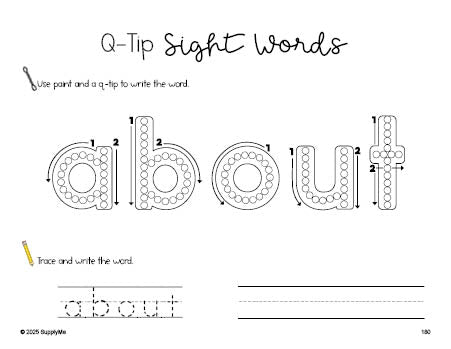 Free third grade worksheet, beginner sight word for 3rd graders and high frequency word 'about', sight word worksheet includes q-tip painting, sight word tracing and handwriting, first 100 fry sight words, Dolch, PDF