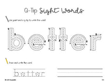 Free third grade worksheet, beginner sight word for 3rd graders and high frequency word 'better', sight word worksheet includes q-tip painting, sight word tracing and handwriting, fourth 100 fry sight words, Dolch, PDF