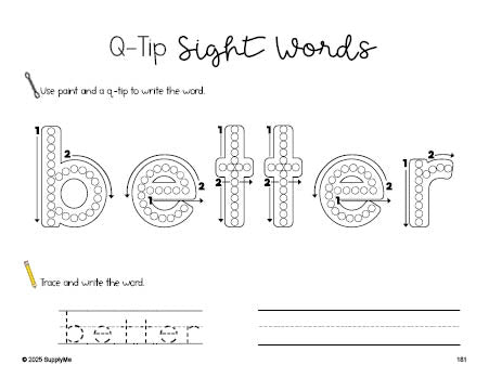 Free third grade worksheet, beginner sight word for 3rd graders and high frequency word 'better', sight word worksheet includes q-tip painting, sight word tracing and handwriting, fourth 100 fry sight words, Dolch, PDF