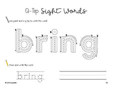 Free third grade worksheet, beginner sight word for 3rd graders and high frequency word 'bring', sight word worksheet includes q-tip painting, sight word tracing and handwriting, fifth 100 fry sight words, Dolch, PDF
