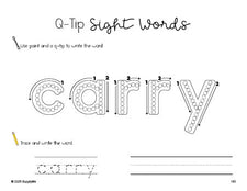 Free third grade worksheet, beginner sight word for 3rd graders and high frequency word 'carry', sight word worksheet includes q-tip painting, sight word tracing and handwriting, third 100 fry sight words, Dolch, PDF