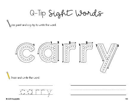 Free third grade worksheet, beginner sight word for 3rd graders and high frequency word 'carry', sight word worksheet includes q-tip painting, sight word tracing and handwriting, third 100 fry sight words, Dolch, PDF