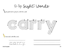 Free third grade worksheet, beginner sight word for 3rd graders and high frequency word 'carry', sight word worksheet includes q-tip painting, sight word tracing and handwriting, third 100 fry sight words, Dolch, PDF