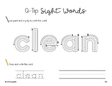 Free third grade worksheet, beginner sight word for 3rd graders and high frequency word 'clean', sight word worksheet includes q-tip painting, sight word tracing and handwriting, eighth 100 fry sight words, Dolch, PDF