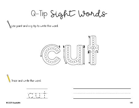 Free third grade worksheet, beginner sight word for 3rd graders and high frequency word 'cut', sight word worksheet includes q-tip painting, sight word tracing and handwriting, third 100 fry sight words, Dolch, PDF