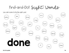 Free third grade worksheet, sight word dot marker printable coloring page, beginner sight word for 3rd graders and high frequency word 'done', fifth 100 fry sight words, Dolch, PDF