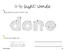 Free third grade worksheet, beginner sight word for 3rd graders and high frequency word 'done', sight word worksheet includes q-tip painting, sight word tracing and handwriting, fifth 100 fry sight words, Dolch, PDF