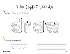 Free third grade worksheet, beginner sight word for 3rd graders and high frequency word 'draw', sight word worksheet includes q-tip painting, sight word tracing and handwriting, fourth 100 fry sight words, Dolch, PDF