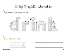 Free third grade worksheet, beginner sight word for 3rd graders and high frequency word 'drink', sight word worksheet includes q-tip painting, sight word tracing and handwriting, Dolch, PDF