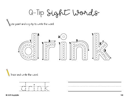 Free third grade worksheet, beginner sight word for 3rd graders and high frequency word 'drink', sight word worksheet includes q-tip painting, sight word tracing and handwriting, Dolch, PDF