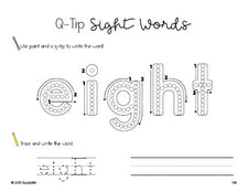 Free third grade worksheet, beginner sight word for 3rd graders and high frequency word 'eight', sight word worksheet includes q-tip painting, sight word tracing and handwriting, ninth 100 fry sight words, Dolch, PDF