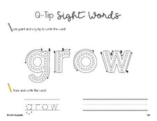 Free third grade worksheet, beginner sight word for 3rd graders and high frequency word 'grow', sight word worksheet includes q-tip painting, sight word tracing and handwriting, third 100 fry sight words, Dolch, PDF