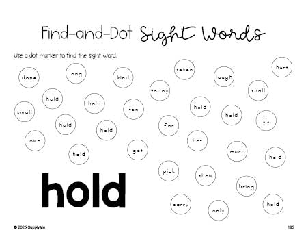 Free third grade worksheet, sight word dot marker printable coloring page, beginner sight word for 3rd graders and high frequency word 'hold', fourth 100 fry sight words, Dolch, PDF