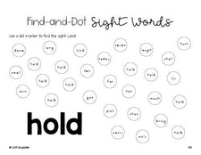 Free third grade worksheet, sight word dot marker printable coloring page, beginner sight word for 3rd graders and high frequency word 'hold', fourth 100 fry sight words, Dolch, PDF