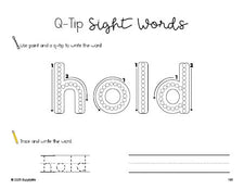 Free third grade worksheet, beginner sight word for 3rd graders and high frequency word 'hold', sight word worksheet includes q-tip painting, sight word tracing and handwriting, fourth 100 fry sight words, Dolch, PDF