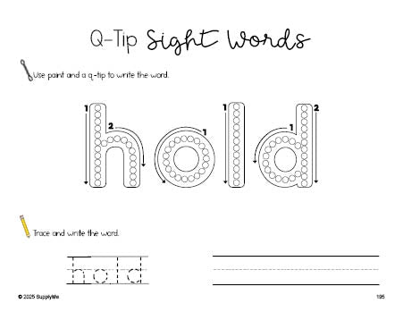 Free third grade worksheet, beginner sight word for 3rd graders and high frequency word 'hold', sight word worksheet includes q-tip painting, sight word tracing and handwriting, fourth 100 fry sight words, Dolch, PDF