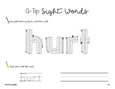 Free third grade worksheet, beginner sight word for 3rd graders and high frequency word 'hurt', sight word worksheet includes q-tip painting, sight word tracing and handwriting, Dolch, PDF