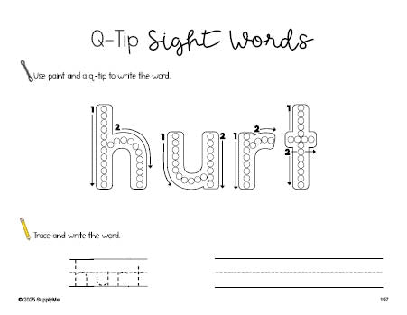 Free third grade worksheet, beginner sight word for 3rd graders and high frequency word 'hurt', sight word worksheet includes q-tip painting, sight word tracing and handwriting, Dolch, PDF
