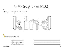 Free third grade worksheet, beginner sight word for 3rd graders and high frequency word 'kind', sight word worksheet includes q-tip painting, sight word tracing and handwriting, second 100 fry sight words, Dolch, PDF