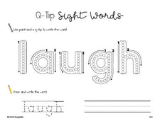 Free third grade worksheet, beginner sight word for 3rd graders and high frequency word 'laugh', sight word worksheet includes q-tip painting, sight word tracing and handwriting, Dolch, PDF