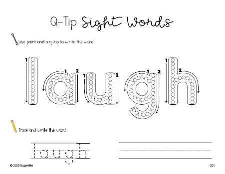Free third grade worksheet, beginner sight word for 3rd graders and high frequency word 'laugh', sight word worksheet includes q-tip painting, sight word tracing and handwriting, Dolch, PDF