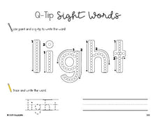 Free third grade worksheet, beginner sight word for 3rd graders and high frequency word 'light', sight word worksheet includes q-tip painting, sight word tracing and handwriting, third 100 fry sight words, Dolch, PDF
