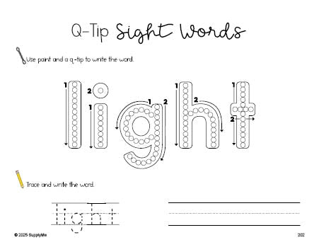 Free third grade worksheet, beginner sight word for 3rd graders and high frequency word 'light', sight word worksheet includes q-tip painting, sight word tracing and handwriting, third 100 fry sight words, Dolch, PDF