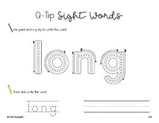 Free third grade worksheet, beginner sight word for 3rd graders and high frequency word 'long', sight word worksheet includes q-tip painting, sight word tracing and handwriting, first 100 fry sight words, Dolch, PDF